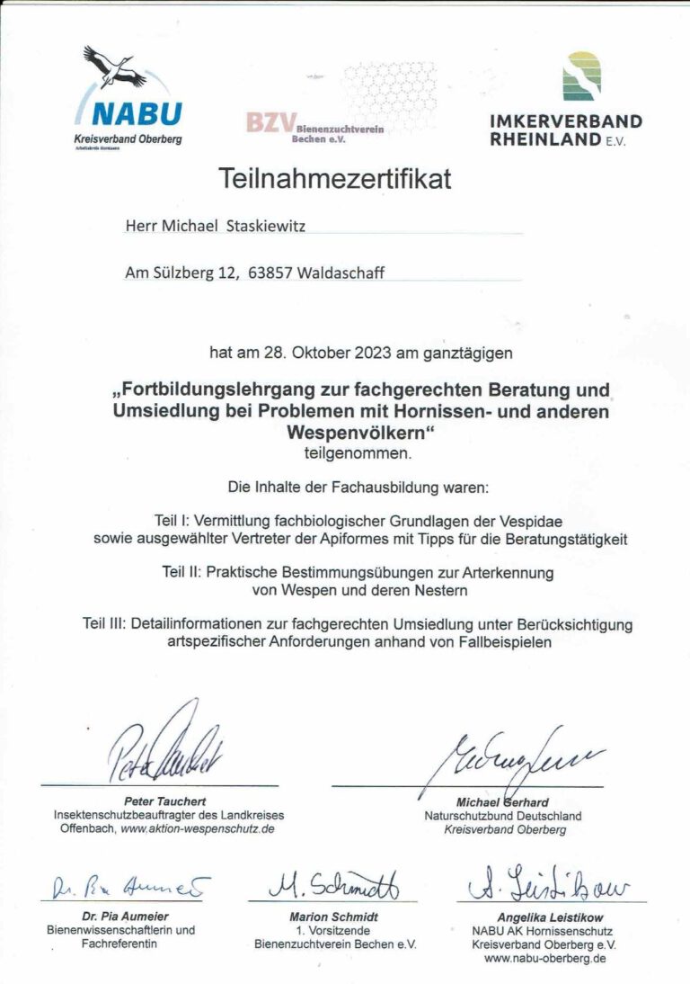 Teilnahmeurkunde Wespen und Hornissen Michael Stas