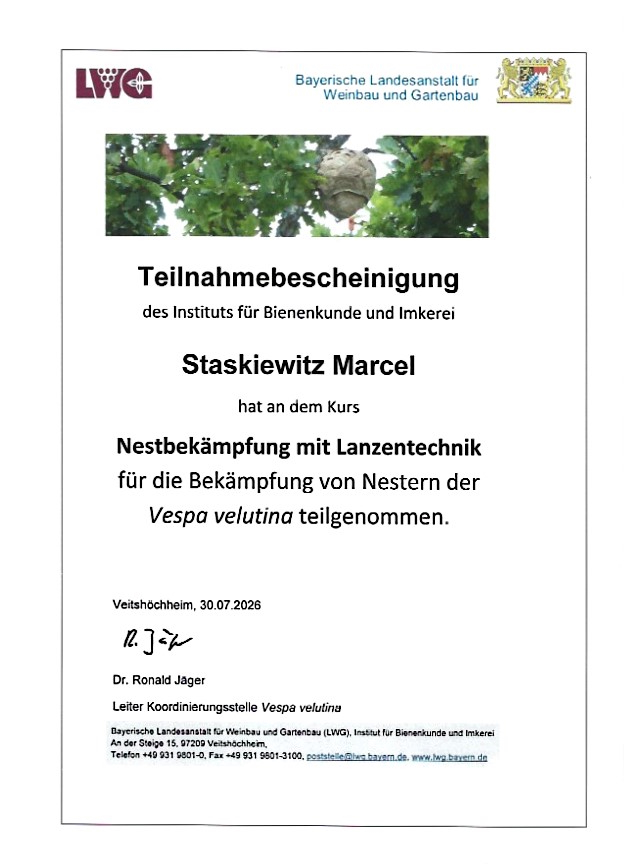 Teilnahmebescheinigung des Instituts für Bienenkunde und Imkerei: Kurs Nestbekämpfung mit Lanzentechnik, Marcel Staskiewitz