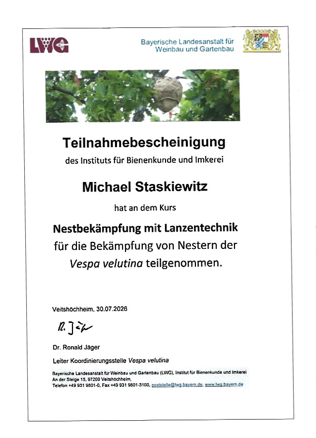 Teilnahmebescheinigung des Instituts für Bienenkunde und Imkerei: Kurs Nestbekämpfung mit Lanzentechnik